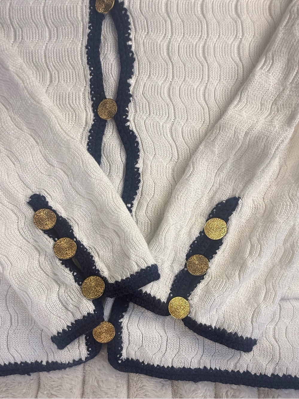 NWT Trina Turk Vermouth 4 Pocket Cardigan Gold Buttons White Blue Sweater M - Picture 9 of 16